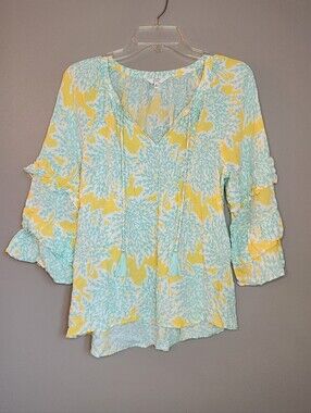 Crown & Ivy Yellow Floral Tassel V-Neck Blouse Size Medium